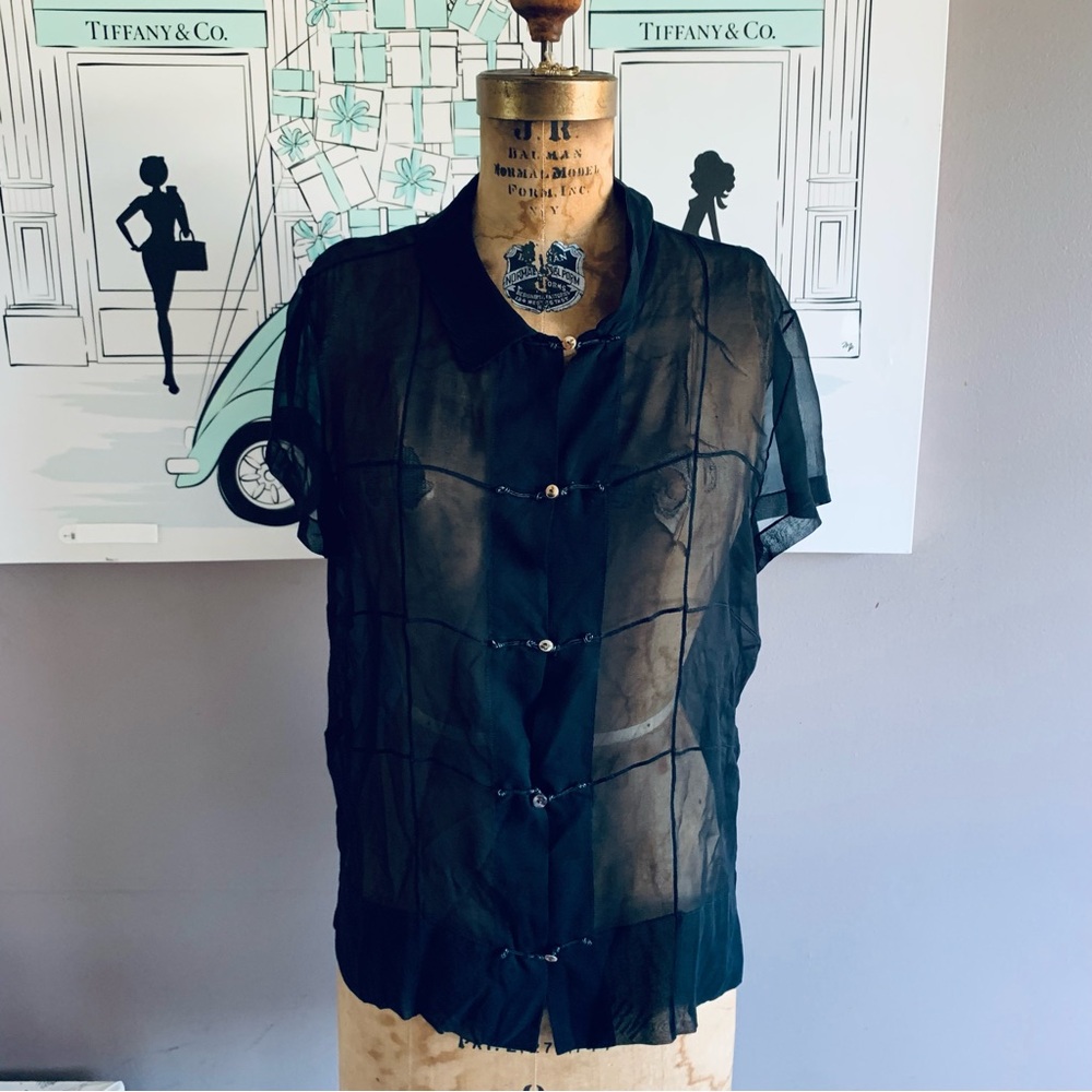 Rare Vintage Henri Bendel Black Sheer Blouse, Small